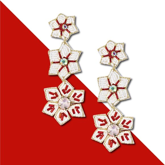 3-Tier Christmas Snowflake White Red Crystal & Seed Bead Earrings - Picture 2 of 2
